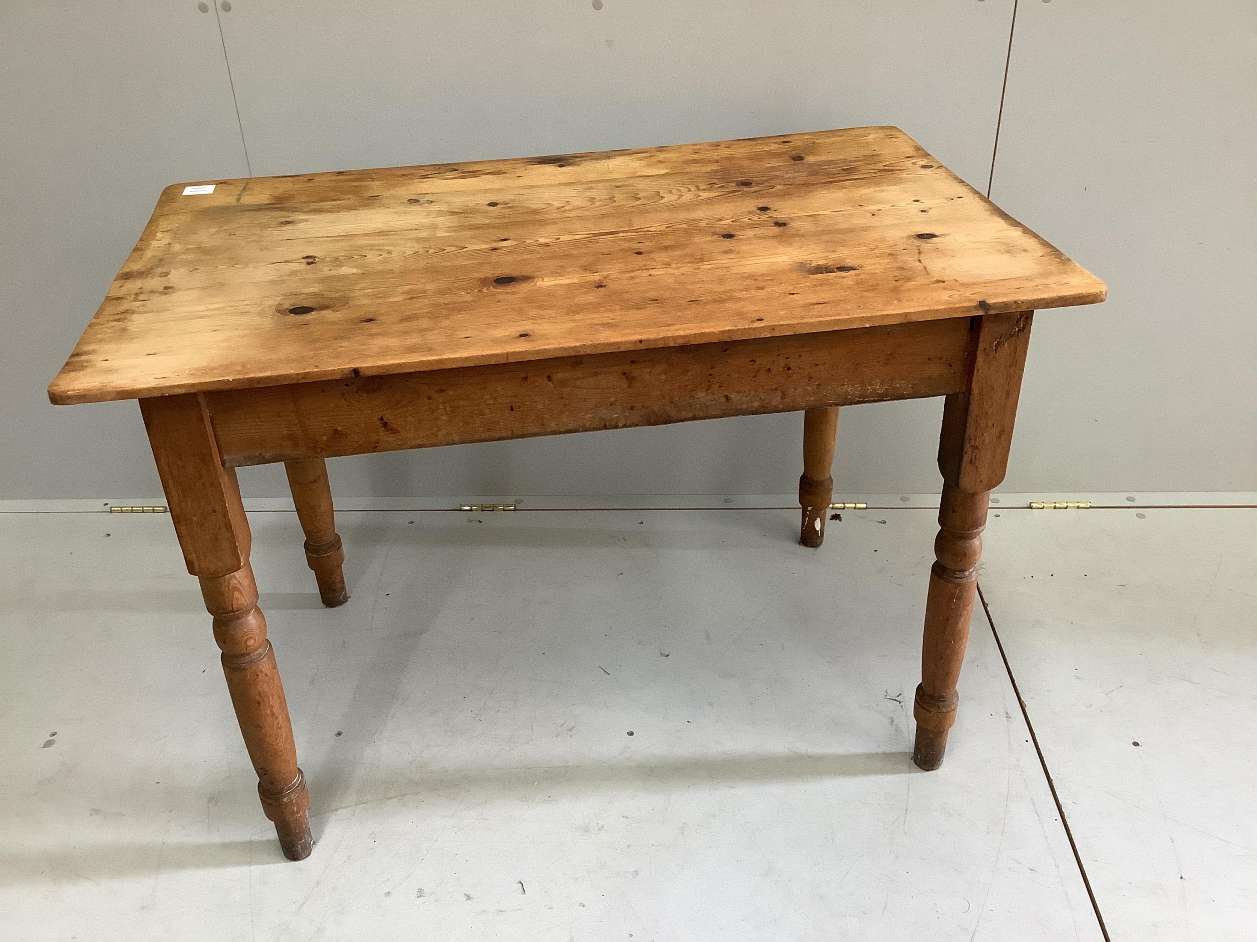 A Victorian rectangular pine kitchen table, width 106cm, depth 65cm, height 73cm. Condition - poor